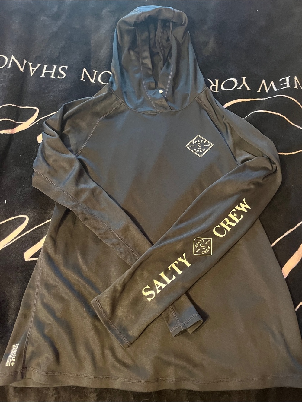 Salty Crew Black Hooded Long Sleeve Swim Rash Guard with Yellow Logo